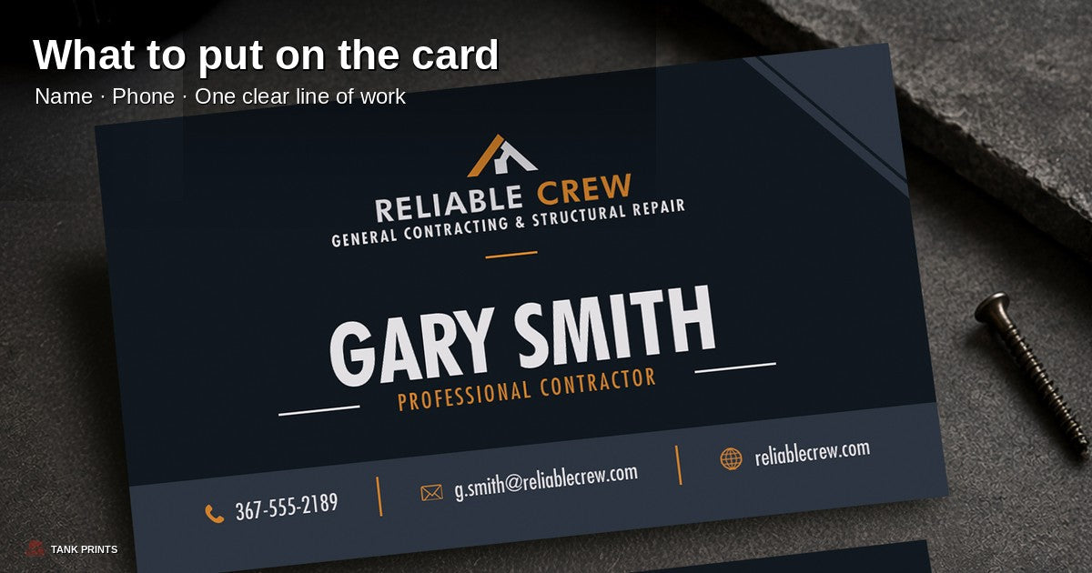 What to put on a business card — clear name, phone, and one-line offer on a standard card