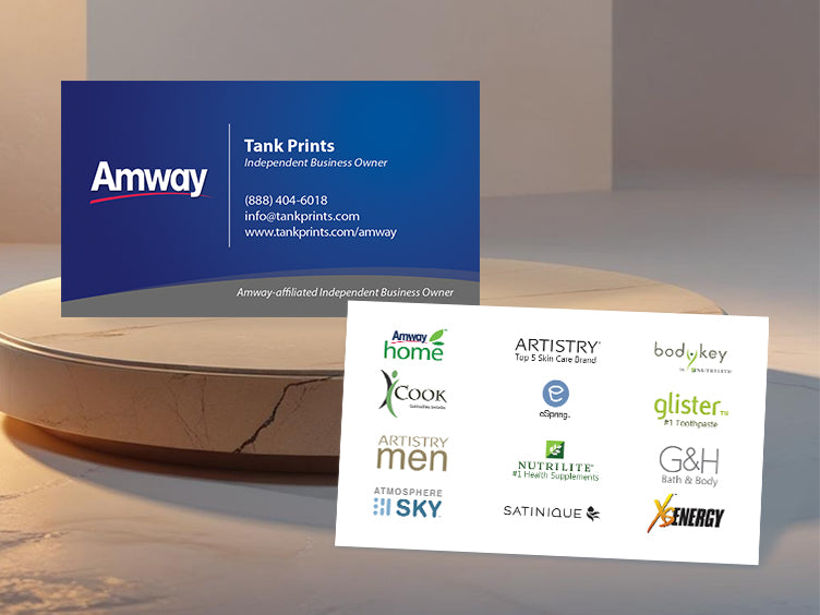 Amway Classic Blue Business Card with professional IBO layout and brand logos back – Tank Prints