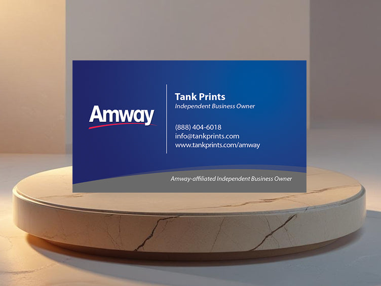 Front of Amway Classic Blue Business Card with contact details for Independent Business Owner – Tank Prints