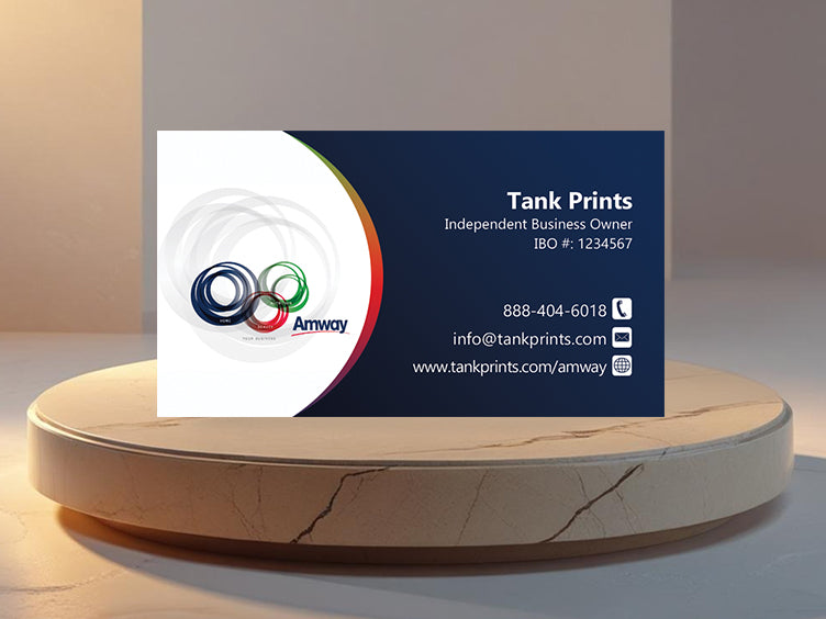 Front of Amway Rings Dark Business Card with Amway rings and Independent Business Owner details – Tank Prints