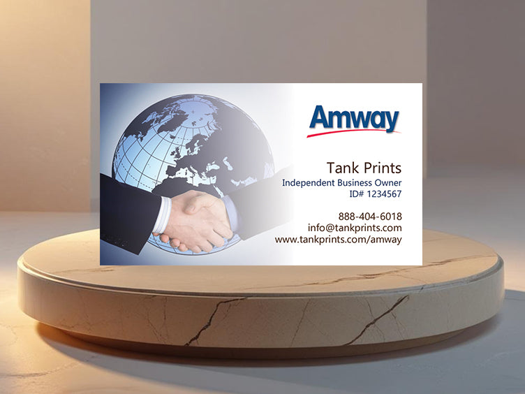 Amway business card front – handshake and globe design