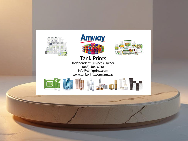 Amway business card front with assorted Amway product images
