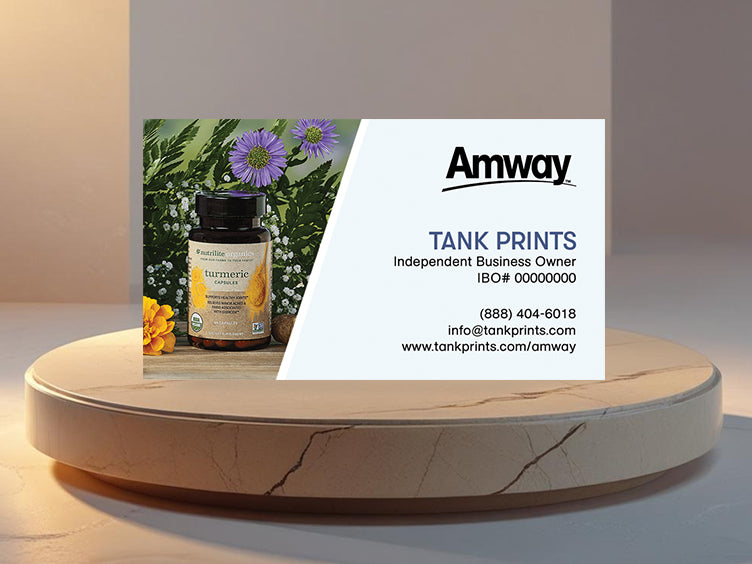 Amway business card front with botanical product imagery