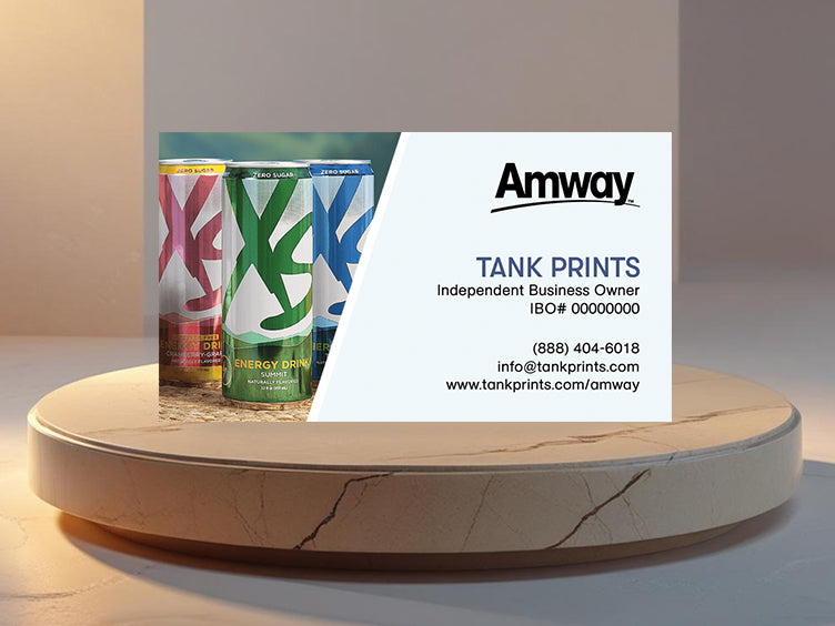 Amway business card front with XS Energy and lifestyle imagery