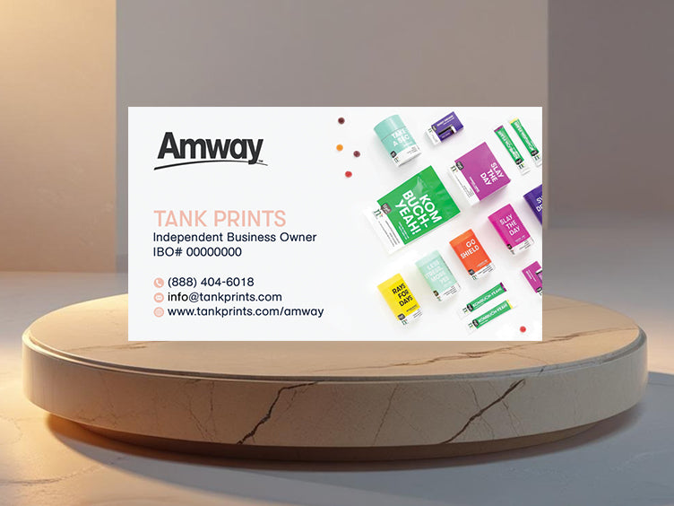 Amway business card front with colorful supplement packaging design