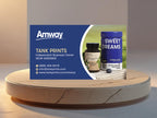 Amway business card front with botanical wellness product imagery