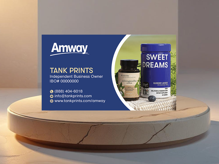 Amway business card front with botanical wellness product imagery
