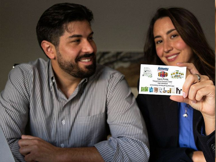A smiling man and woman seated indoors, with the woman holding up an Amway business card featuring the amway logo and amway products