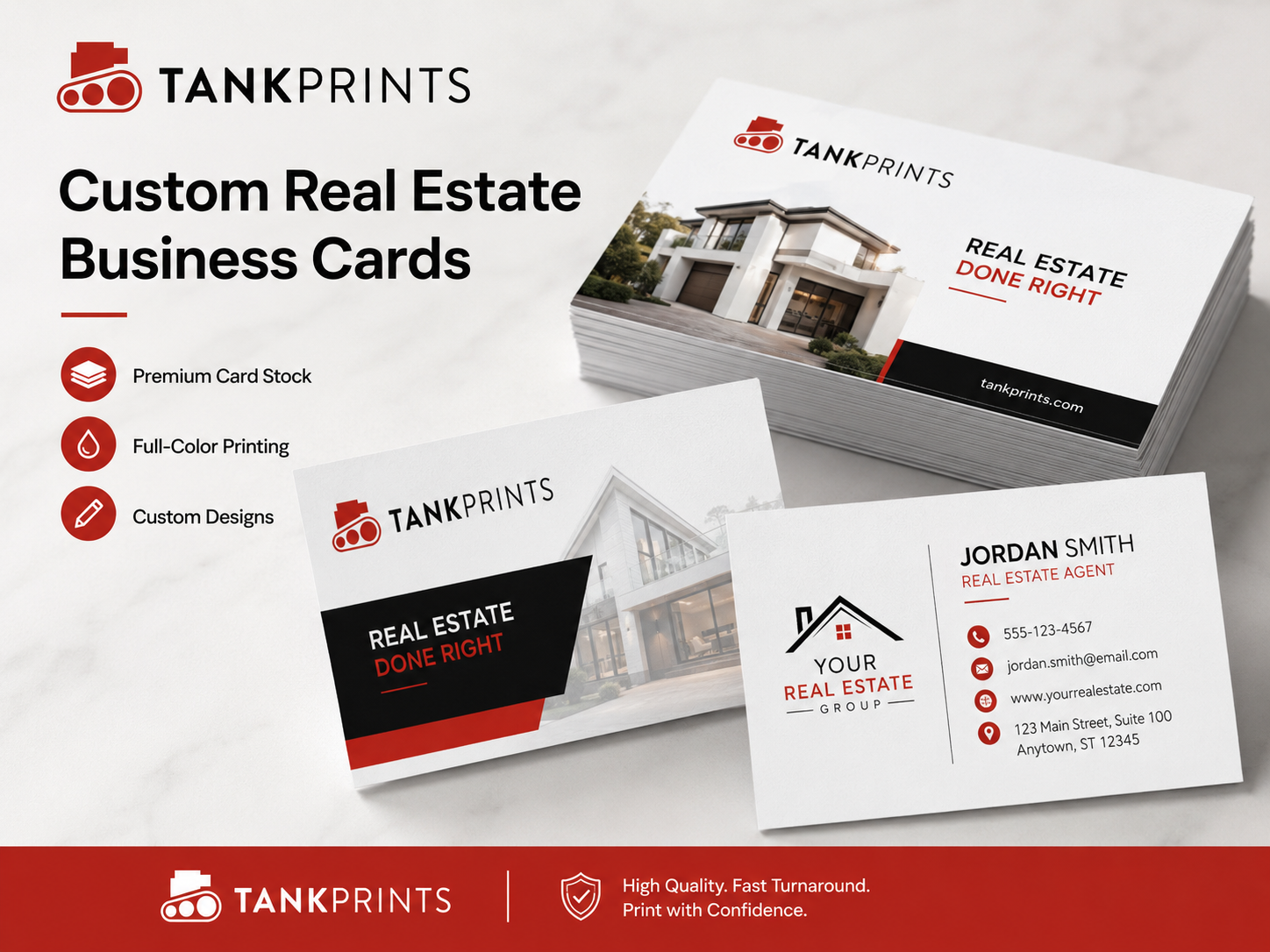 Tank Prints custom real estate business card mockups featuring modern home designs, premium card stock, and red, black, and white branding.