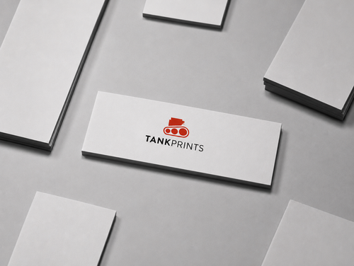 Horizontal 1.75" × 3.5" skinny business cards featuring the Tank Prints logo on premium white cardstock.
