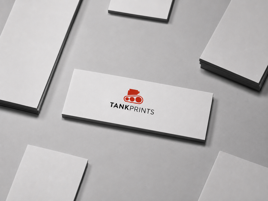 Horizontal 1.75" × 3.5" skinny business cards featuring the Tank Prints logo on premium white cardstock.