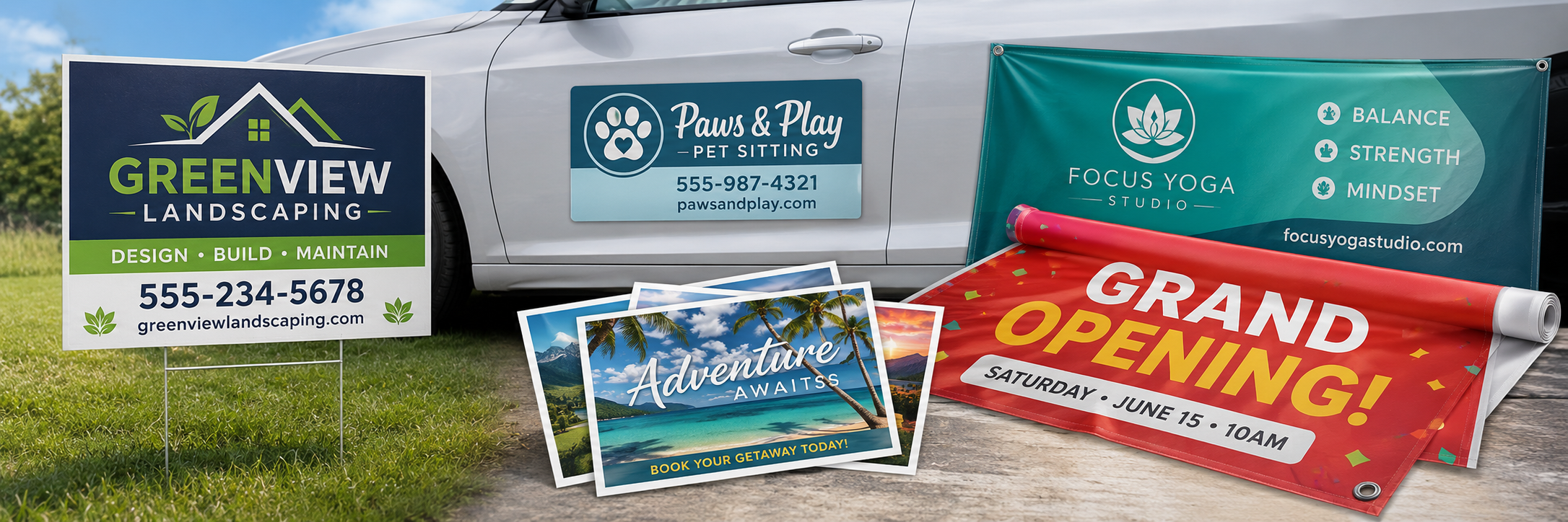 Custom printed yard sign, car magnet, postcards, and vinyl banner displayed to showcase Tank Prints products