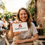 lady holding a custom tank prints printed business card